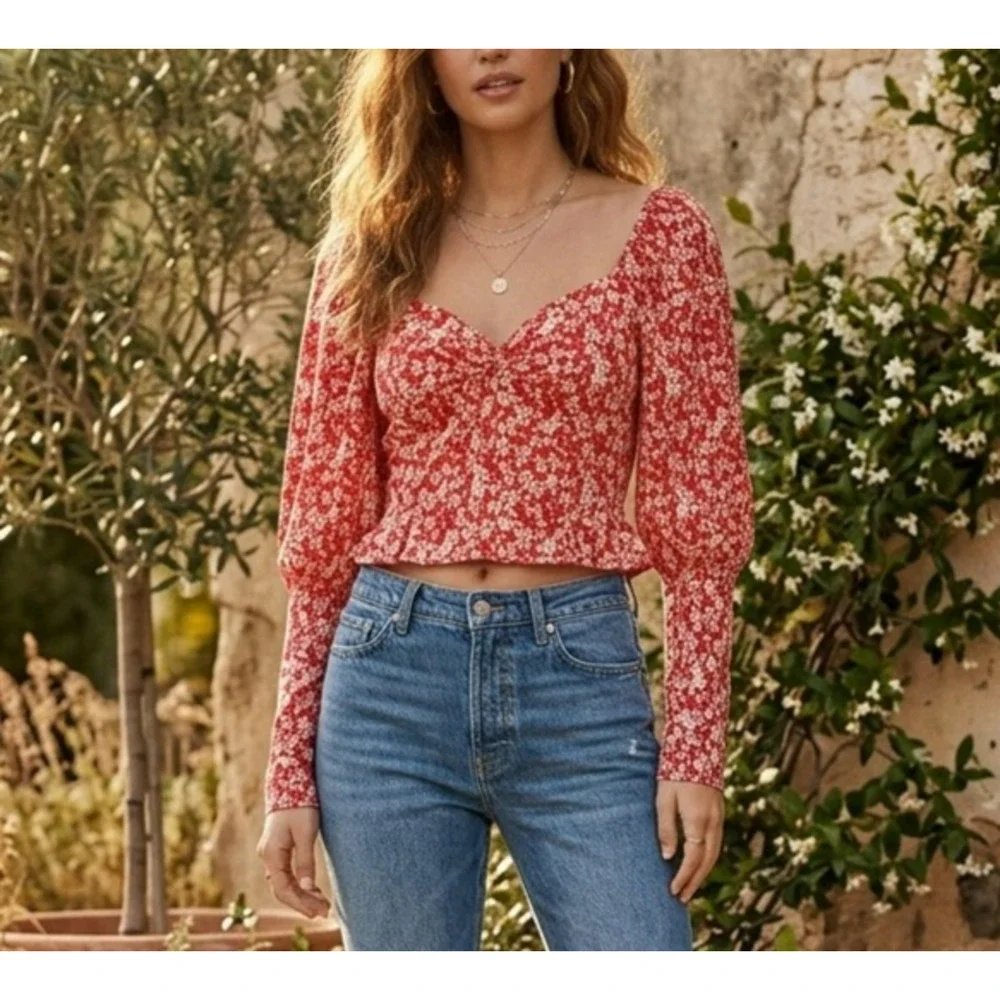 Anthropologie Floral Sweetheart Neckline Top Size XS Red Floral Puff Sleeves